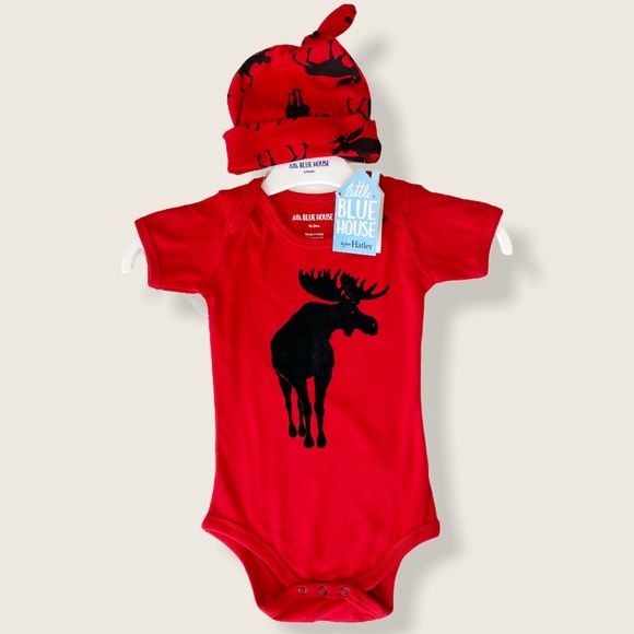 NWT Hatley 18-24M Moose on Red Toddler Bodysuit & Matching Hat - Picture 2 of 9